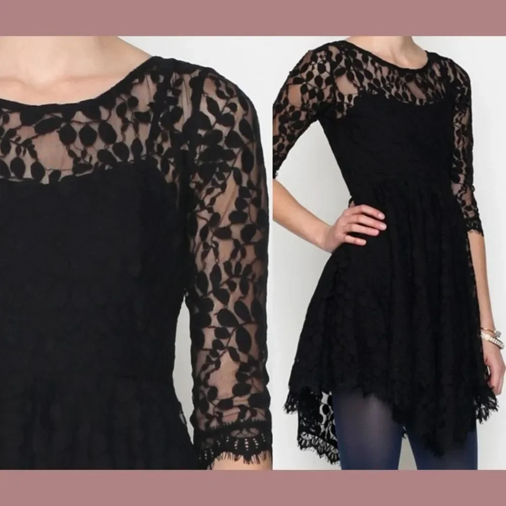 NEW $128 Free People [ 4 ] Skater‎ Floral Mesh Lace Dress in Black #u1184